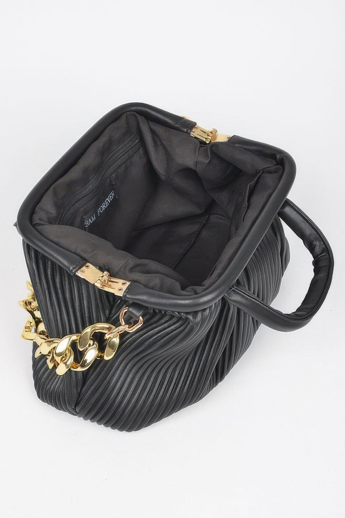 Pleated Faux Leather Top Handle Bag