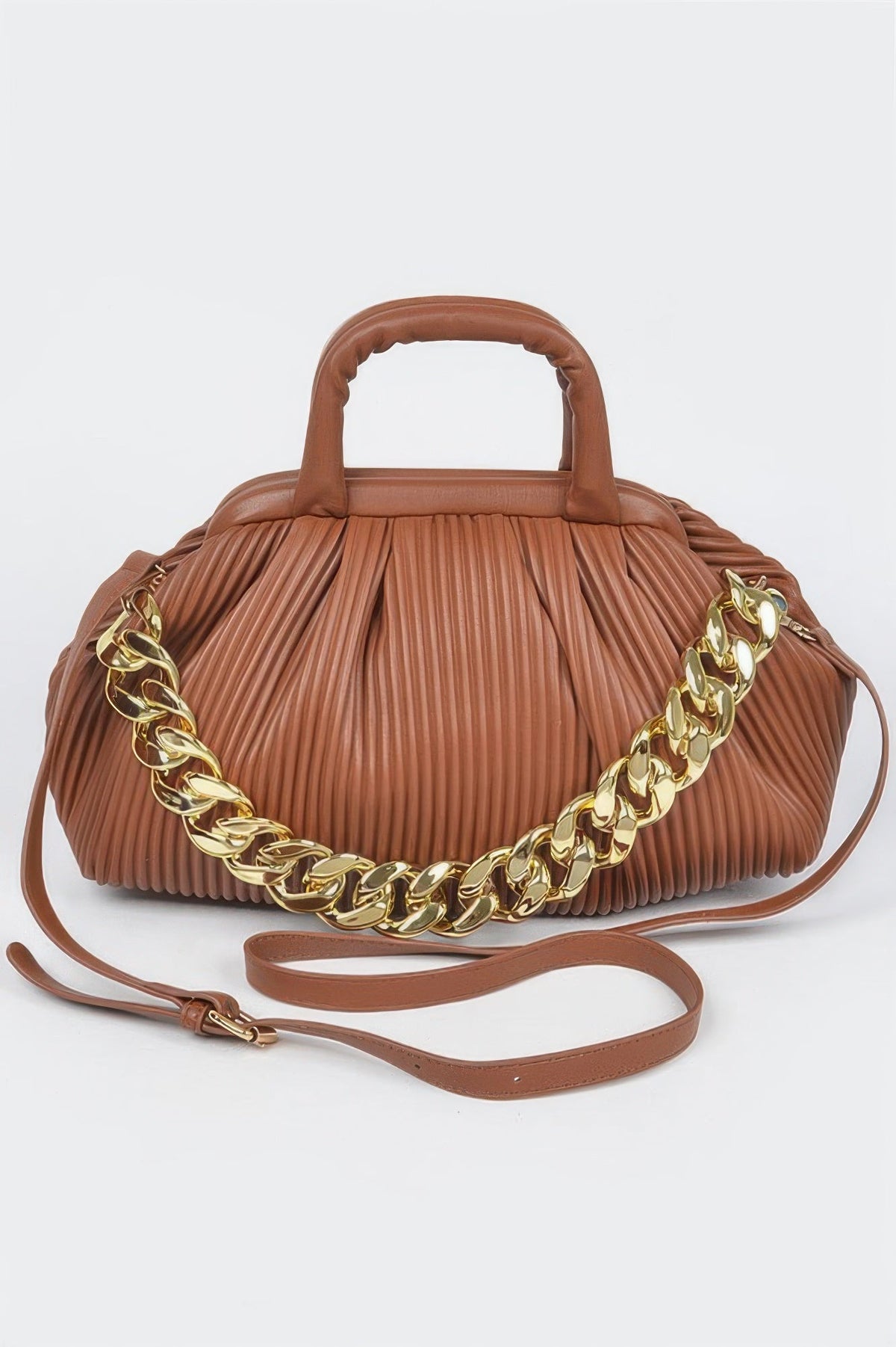Pleated Faux Leather Top Handle Bag