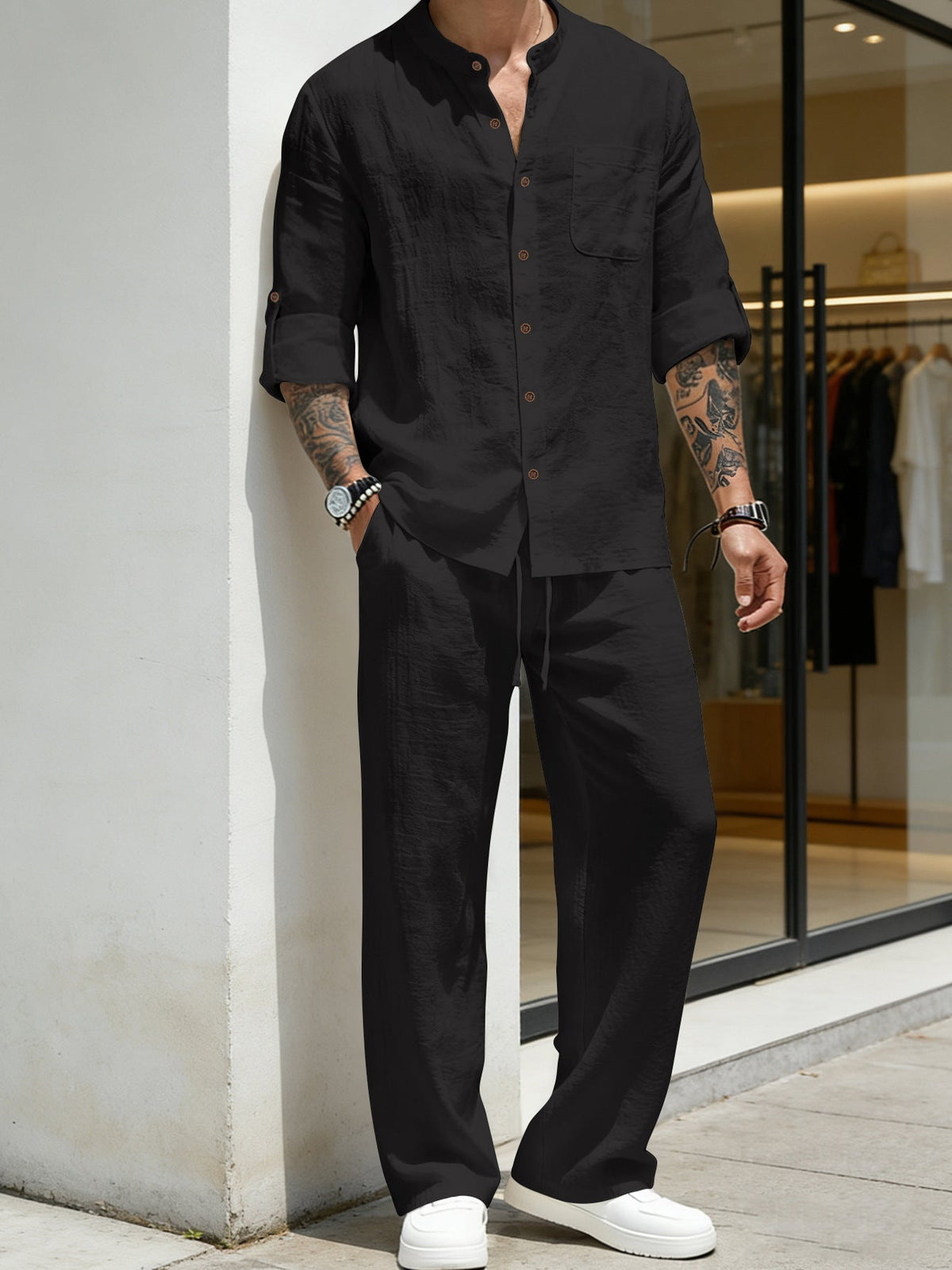 Mens Solid-Color Linen Long-Sleeve Shirt And Pants Two-Piece Set