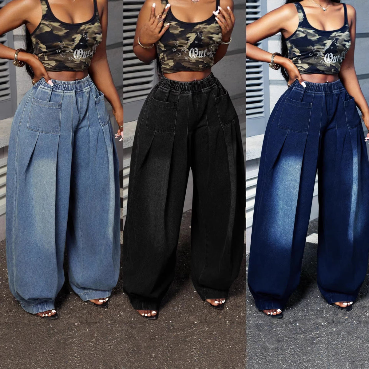Plus-size Vintage Washed-blue Pleated Jeans For Women
