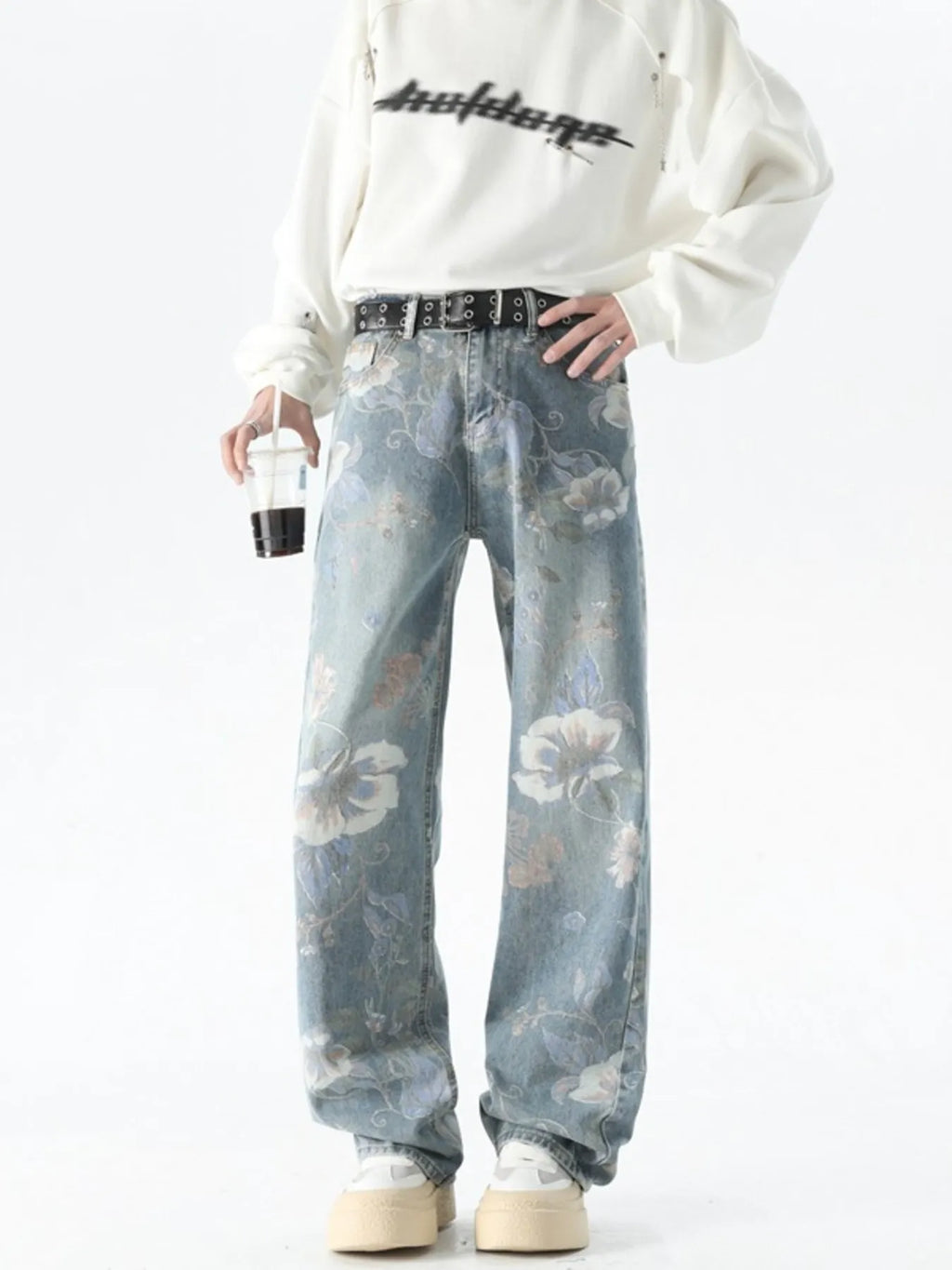 Men's Plus Size Floral Print Loose Fit Jeans