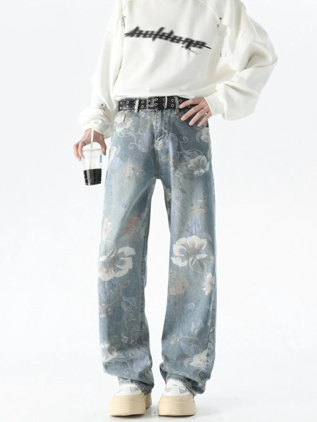 Men's Plus Size Floral Print Loose Fit Jeans