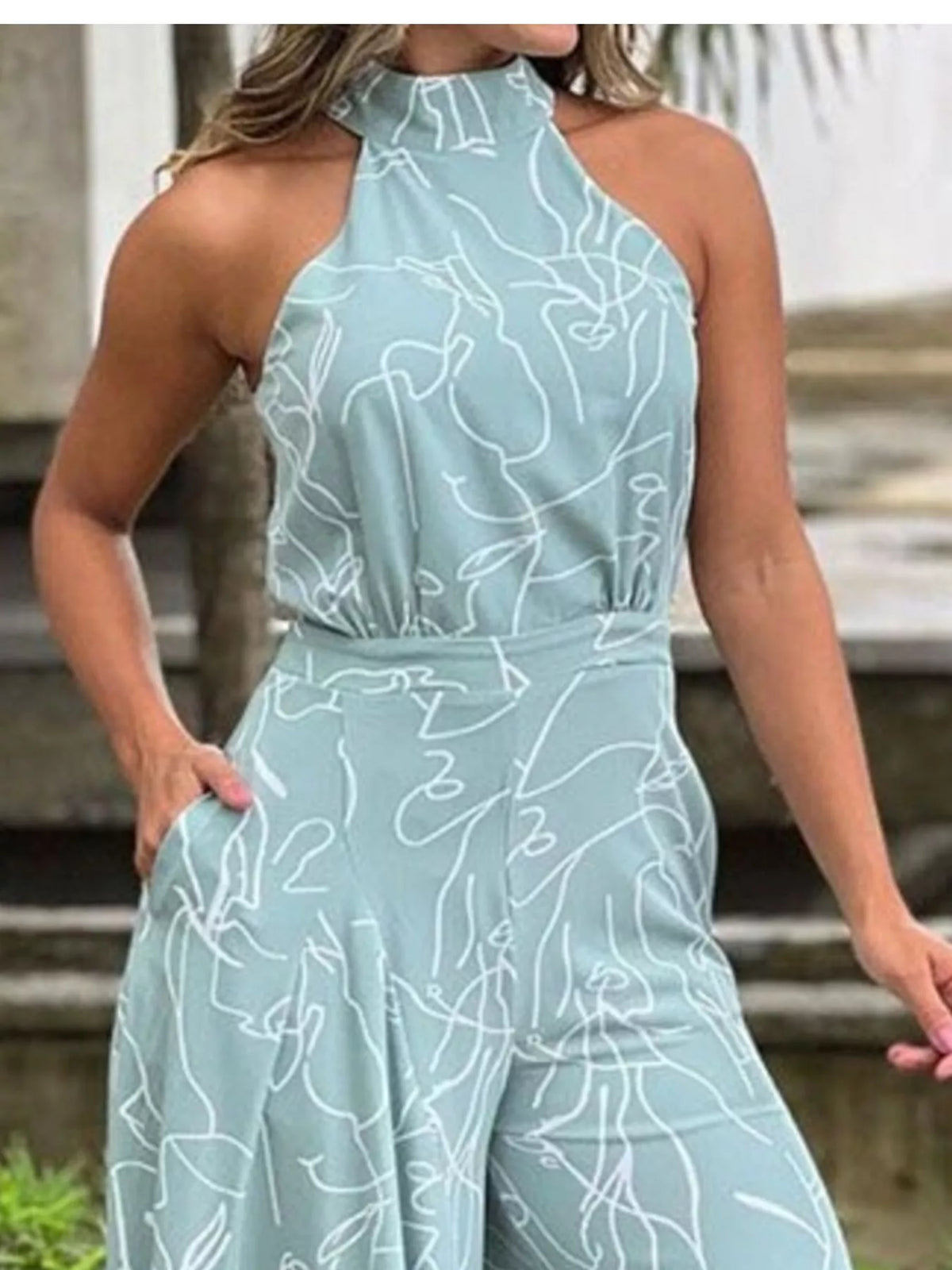 Halter Neck Abstract Print Wide Leg Jumpsuit