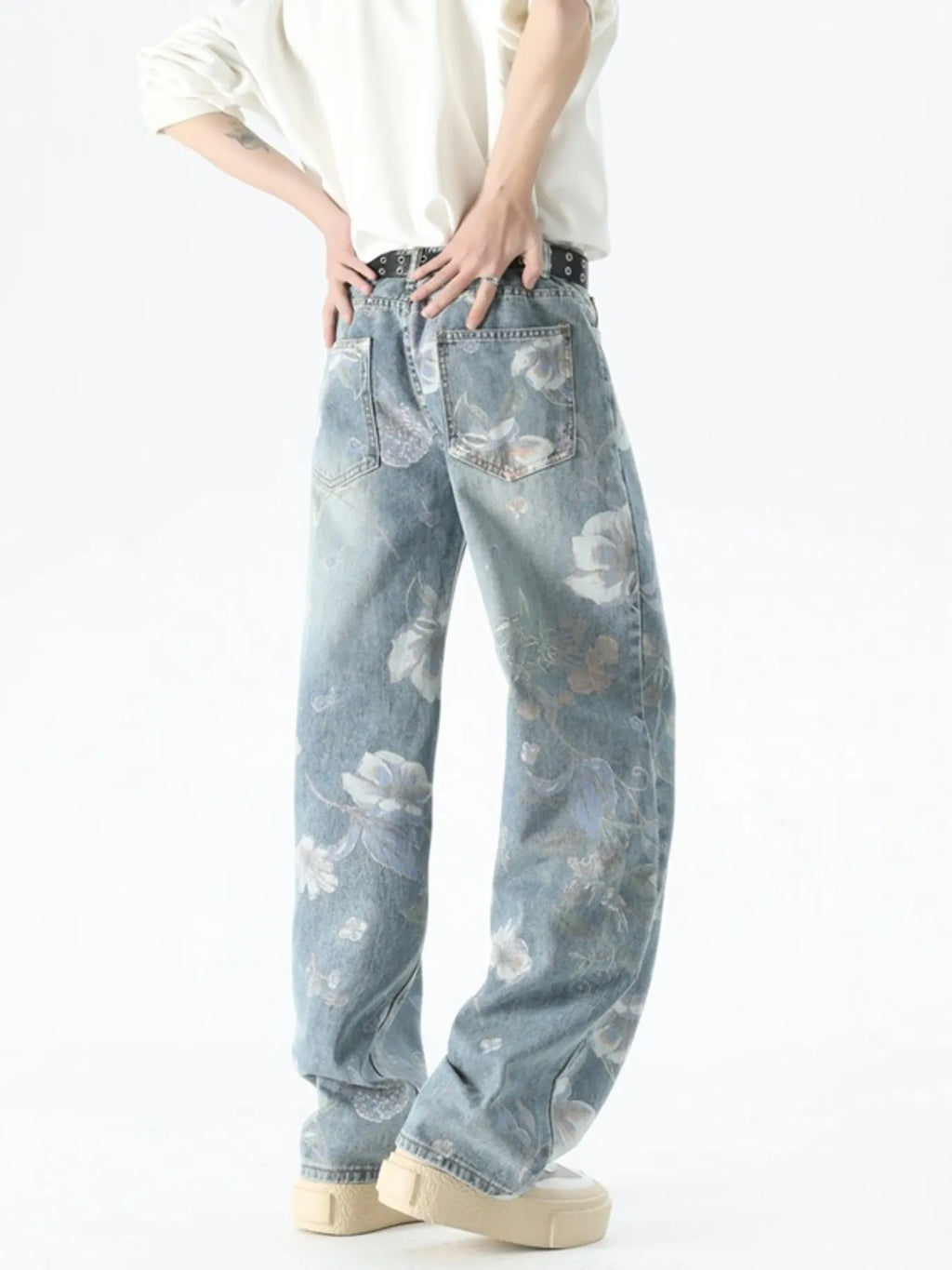 Men's Plus Size Floral Print Loose Fit Jeans