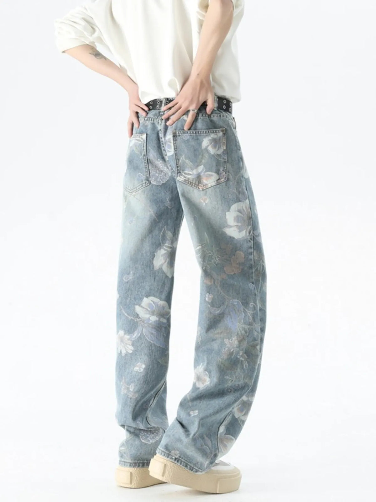 Men's Plus Size Floral Print Loose Fit Jeans